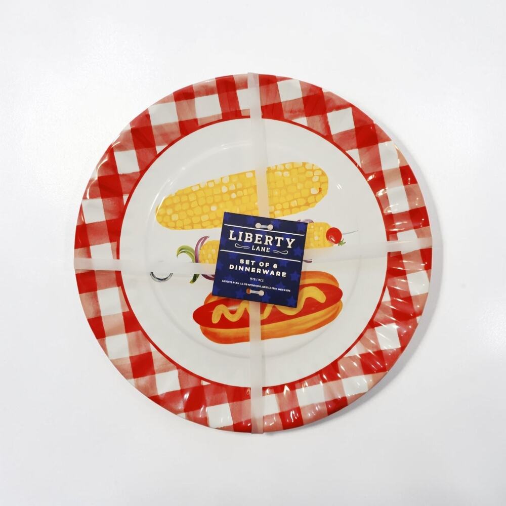 Liberty Lane BBQ Melamine Dinner Plates Set of 6 Gingham Hot Dog Corn Picnic 10"